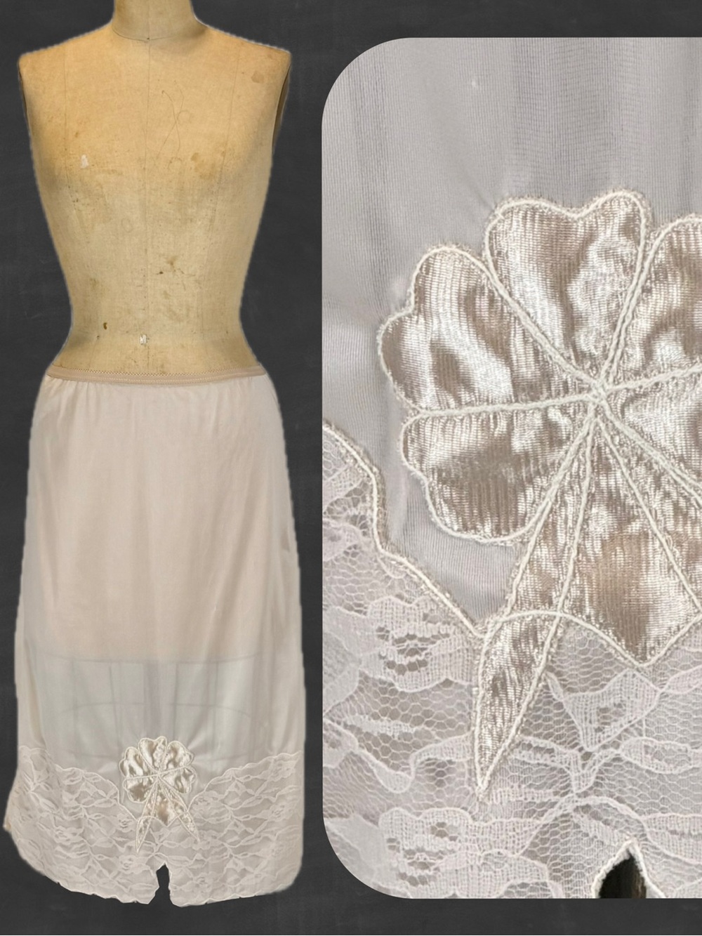 VINTAGE lace floral nylon lingerie skirt dress slip beige elastic waist midi 80s - Picture 1 of 10